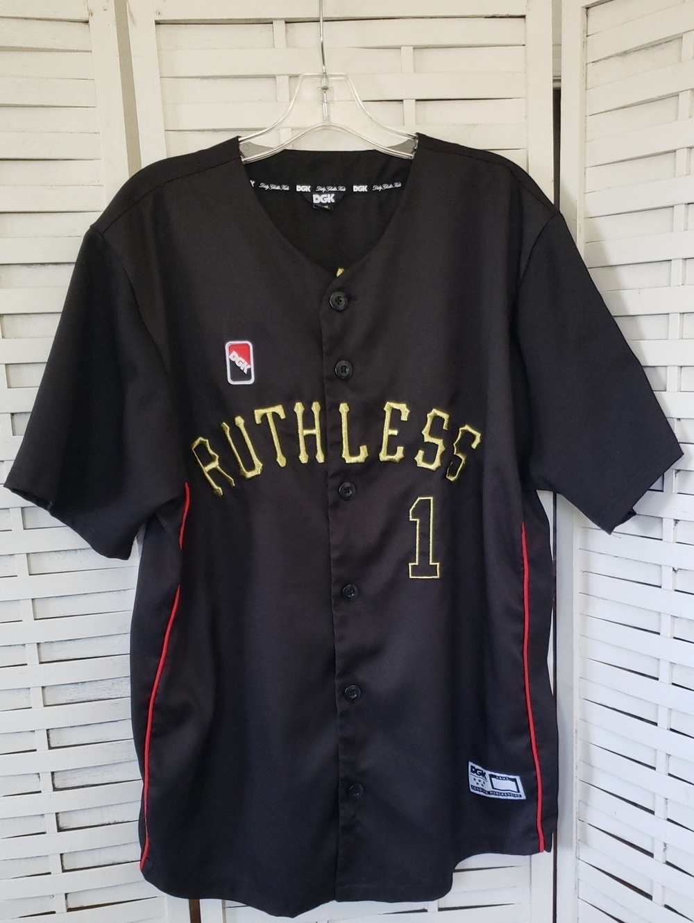 DGK Ruthless Black Jersey with Gold Lettering and Red Piping L